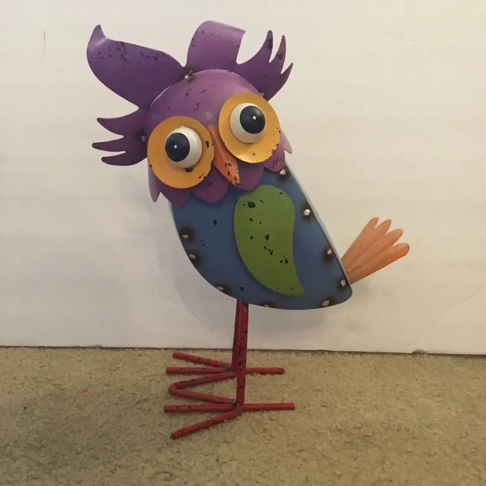 Whimsical Metal Owl Figurine with Spring To Bobble Colorful Indoor Outdoor